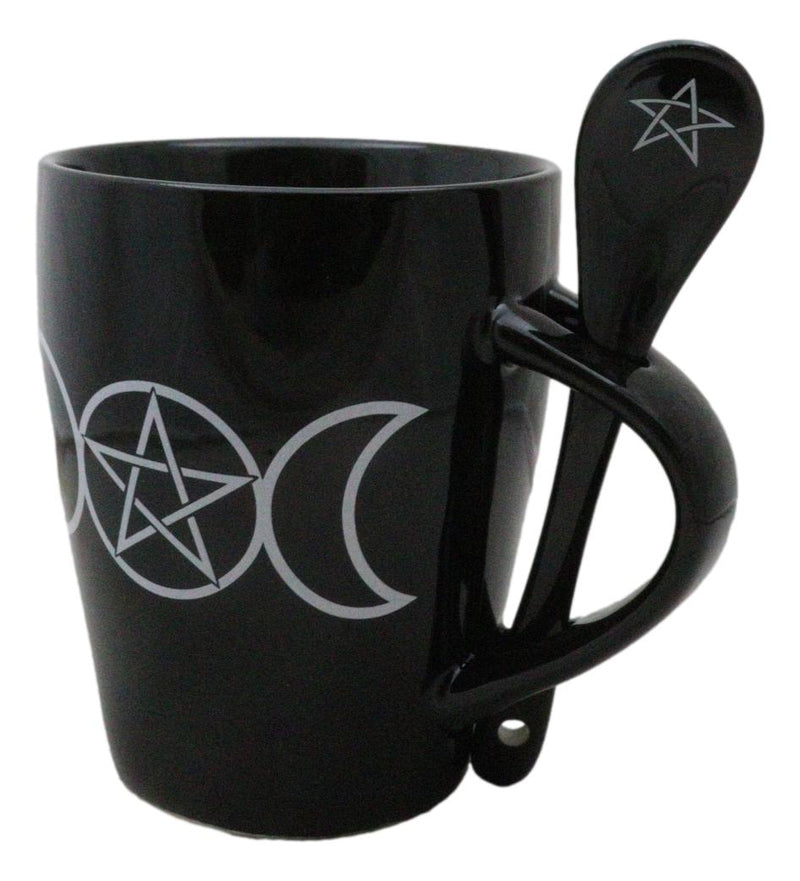 Wicca Sacred Triple Moon Pentagram Circle Ceramic Mug And Pentacle Spoon Set