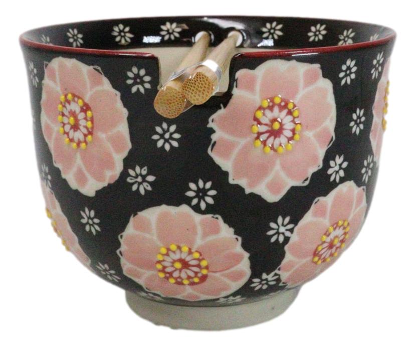 Black And Pink Cherry Blossoms Sakura Donburi Ramen Bowl With Chopsticks Set