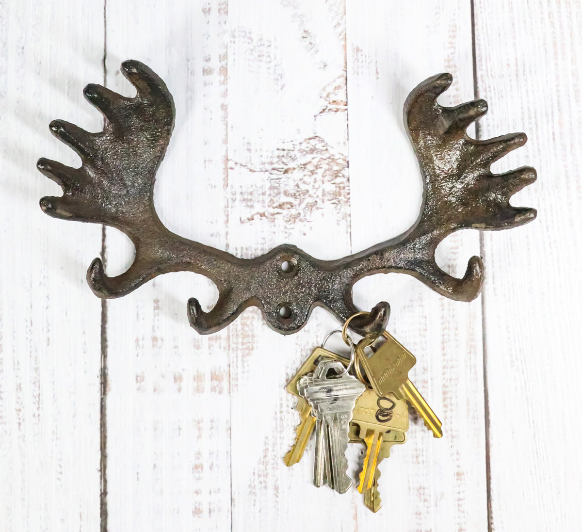 Set Of 2 Cast Iron Western Rustic Bull Moose Antlers Rack 4 Pegs Wall Hooks