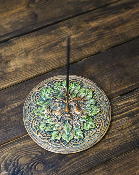 Green Man Tree Spirit Round Medallion Celtic Knot Incense Burner Ash Catcher