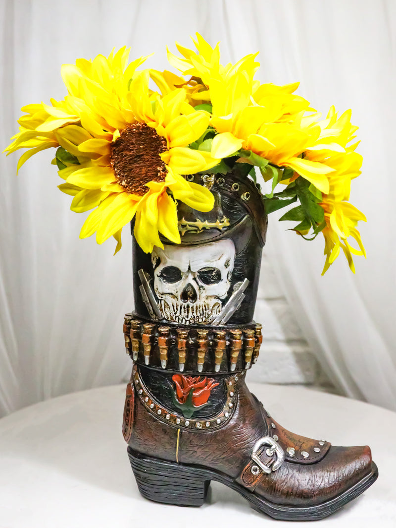 Rustic Western Wild West Skull with Dual Pistols Bullets Cowboy Boot Vase Holder