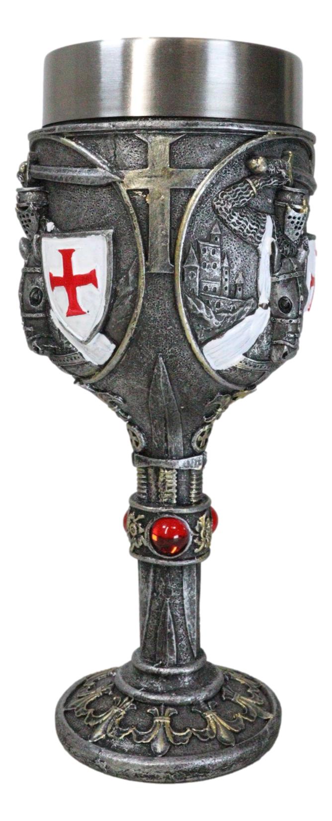 Medieval Templar Crusader Knight Suit of Armor On Horse Wine Goblet Chalice Cup