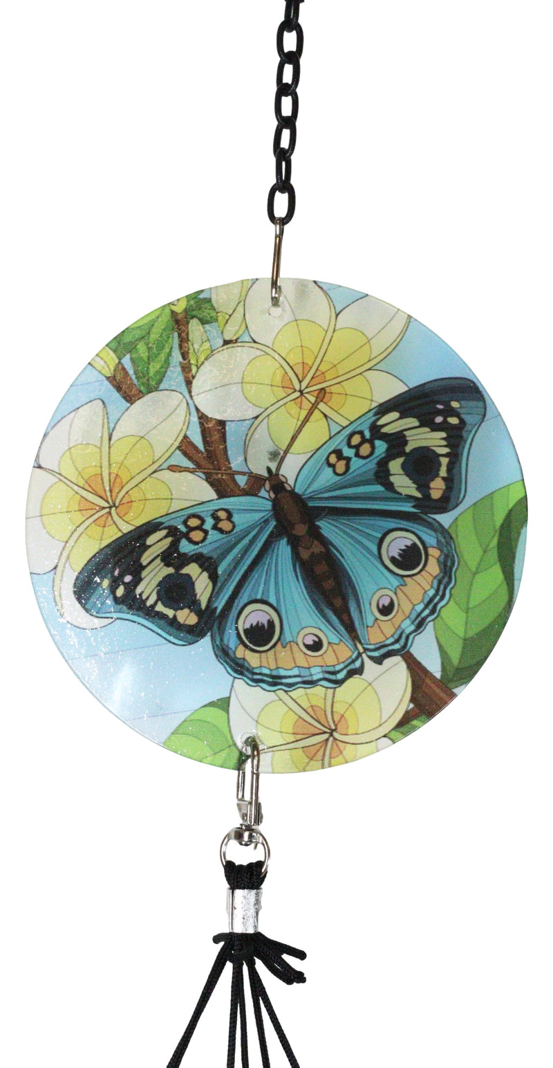 Blue Monarch Butterfly Colorful Art Glass Hanging Wind Chime With Metal Rods
