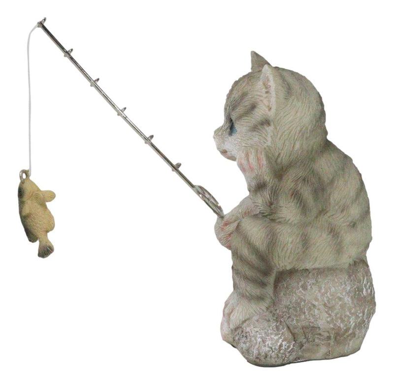 Lifelike Grey Tabby Cat Sitting by Pail of Fishes And Pole Fishing Figurine