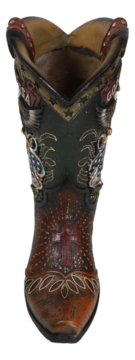 Rustic Western American Flag God Bless USA Eagle Seal Cowboy Boot Vase Planter