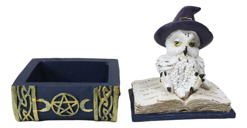 White Snow Owl With Witch Hat Resting On Triple Moon Blue Spell Book Trinket Box