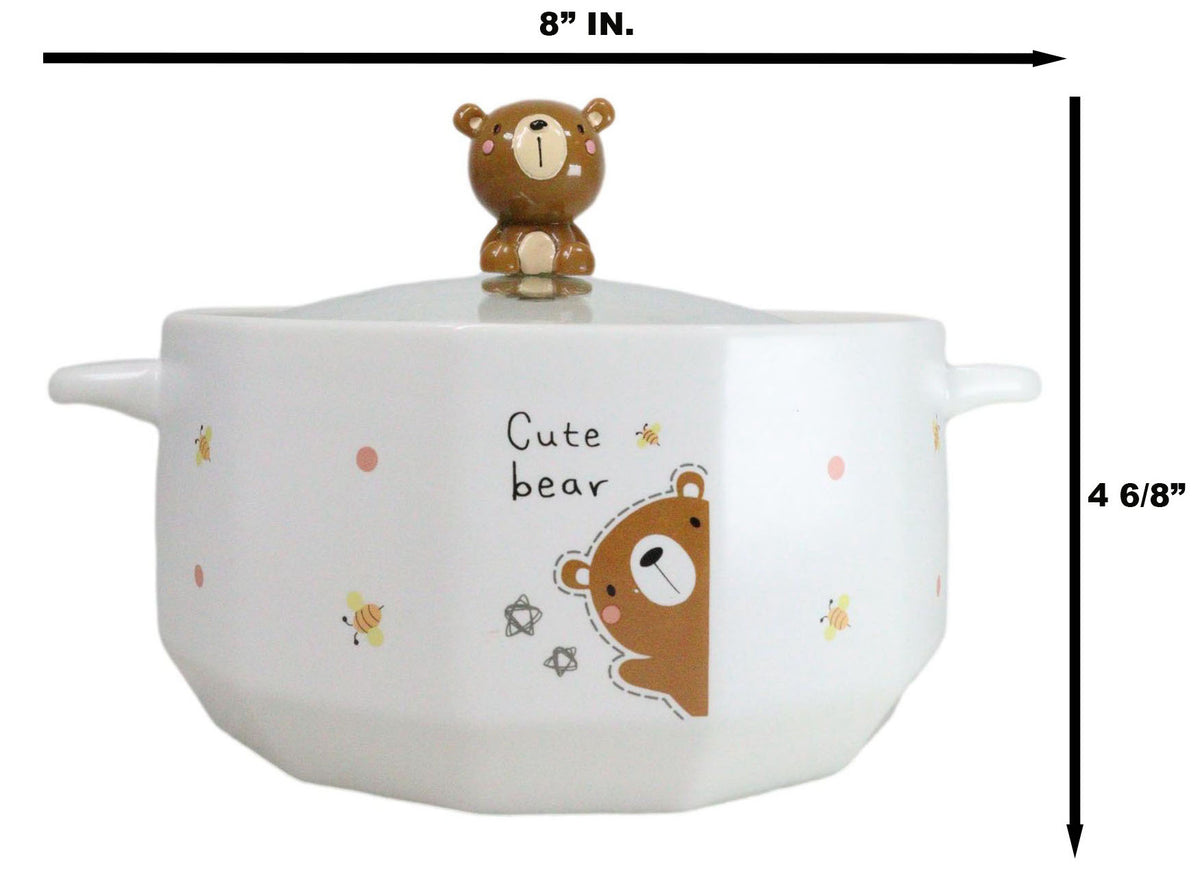 Ceramic Whimsical Honey Bees Bear 30oz Noodle Dessert Food Bowl W/ Glass Lid - Ebros Gift