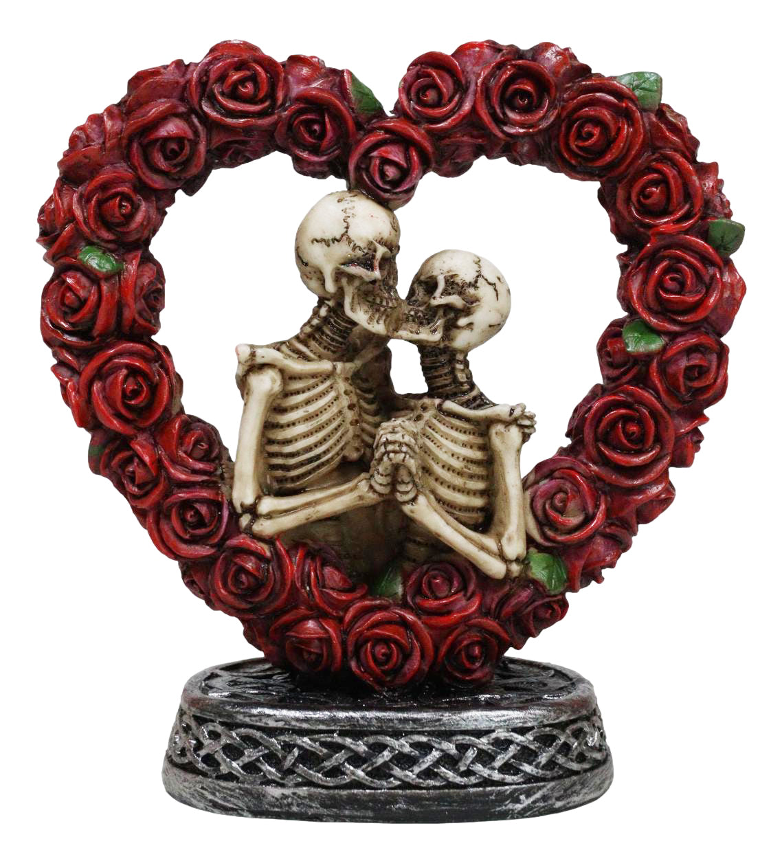 Love Never Dies Roses On Heart Wreath Kissing Skeleton Couple Bronzed Figurine - Ebros Gift