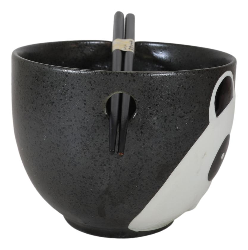 Whimsical Ceramic Black Giant Panda Bear Ramen Noodle Bowl With Chopsticks Set
