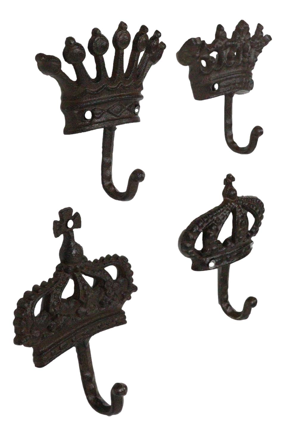 Pack Of 4 Cast Iron Medieval Royalty King and Queen Crowns Wall Coat Hooks
