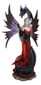 Fantasy Red Gowned Gothic Rose Fairy With Black Grendel Volcano Dragon Figurine