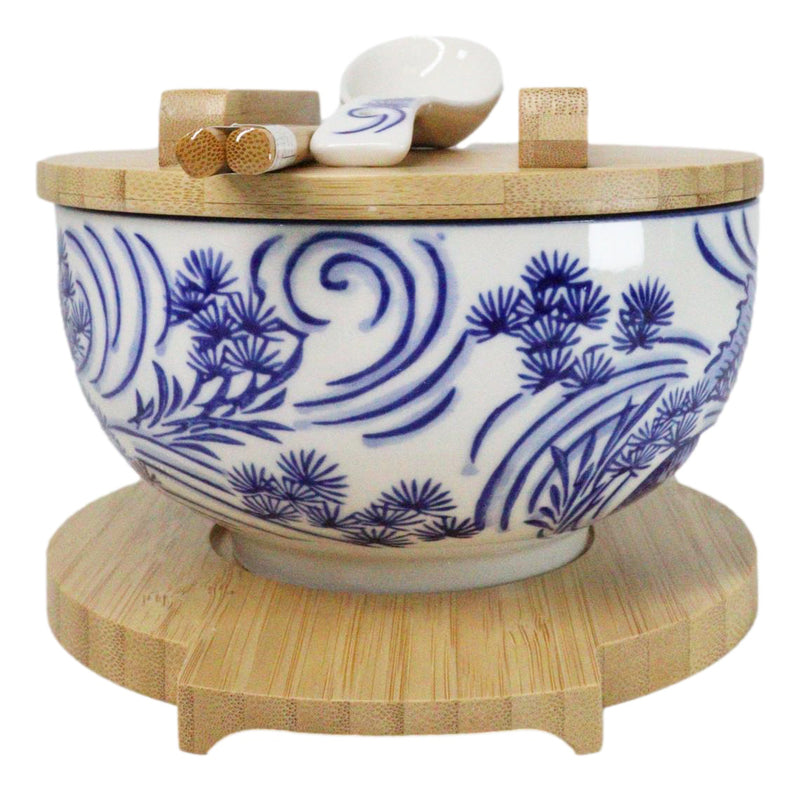 White Blue Koi Fish 28Oz Donburi Ramen Bowl With Lid Trivet Spoon Chopsticks Set
