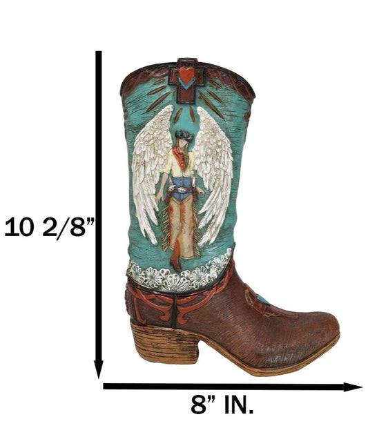 Western Turquoise Heart Cross Angel Winged Cowgirl Faux Leather Boot Vase Decor