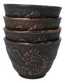 Rustic Bronze Dragon Etching Japanese Tetsubin Style Cast Iron Tea Cups Set of 4