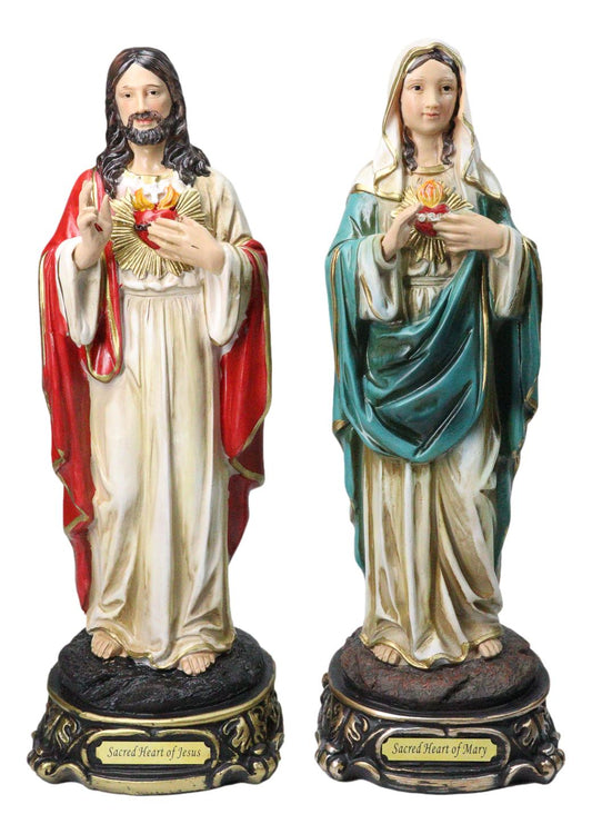 Catholic Sacred Heart of Mary and Jesus Christ Statue Set of 2 With Name Base