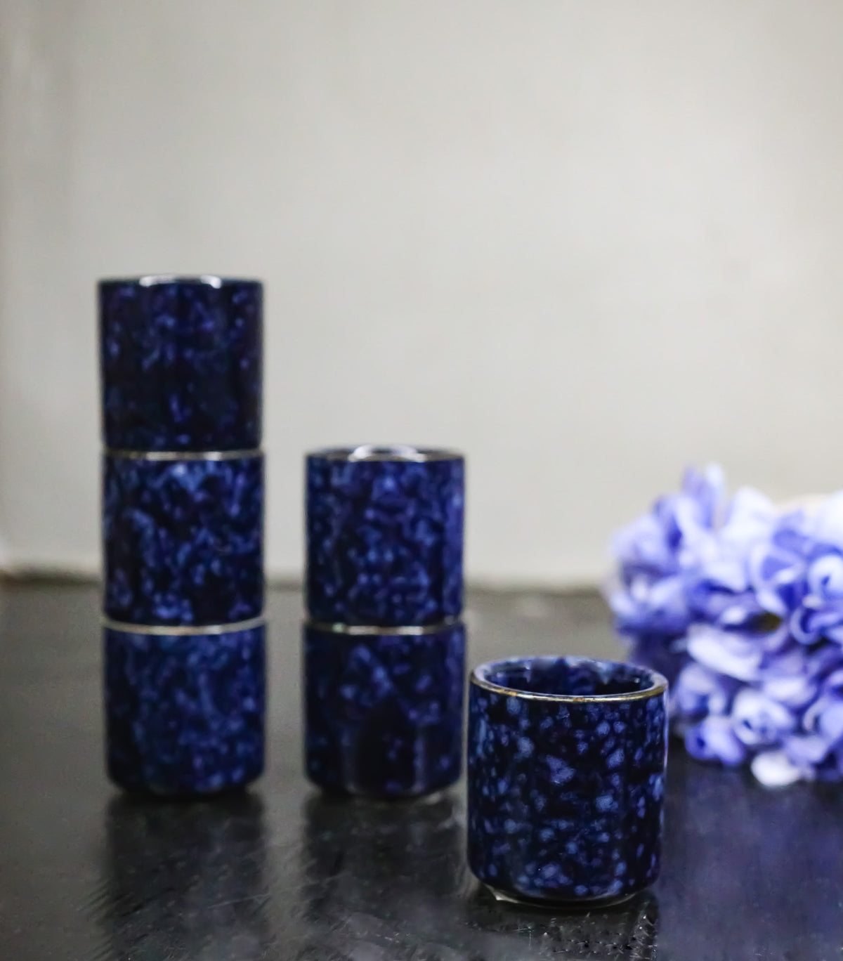 Set of 6 Speckled Indigo Blue Porcelain 1.25oz Ochoko Yuzu Sake Cups