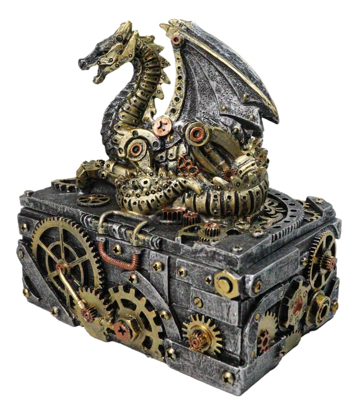 Steampunk Dragon Trinket Box Faux Gears & Pipes Clockwork Mechanical Sculpture