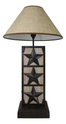 Rustic Western Triple Lone Stars Wood And Metal Bedside Desktop Table Lamp