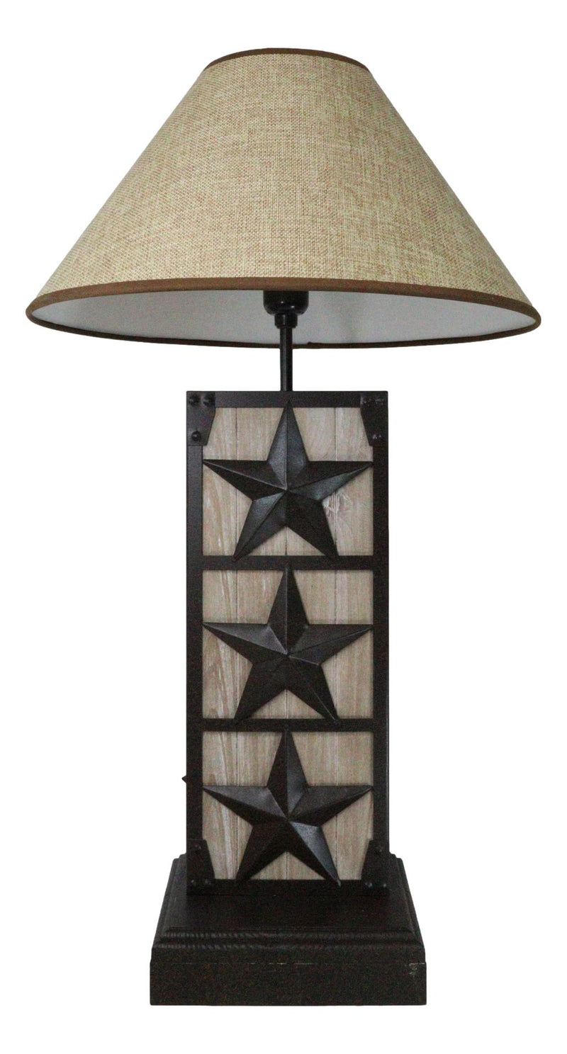 Rustic Western Triple Lone Stars Wood And Metal Bedside Desktop Table Lamp