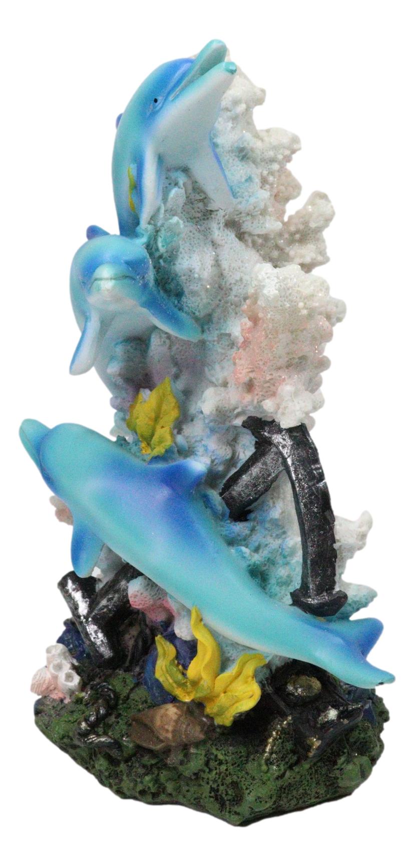 3 Blue Dolphins Swimming Around Coral Reef With Sunken Ship Anchor Figurine