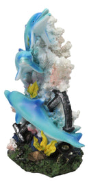 3 Blue Dolphins Swimming Around Coral Reef With Sunken Ship Anchor Figurine