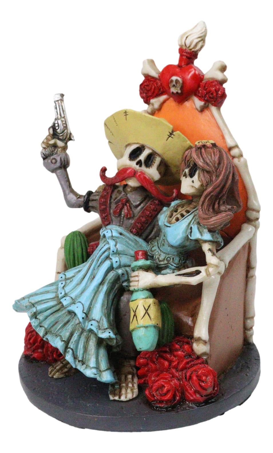 Day of The Dead Hasta La Muerte Pablo Skeleton Couple Red Roses Throne Figurine