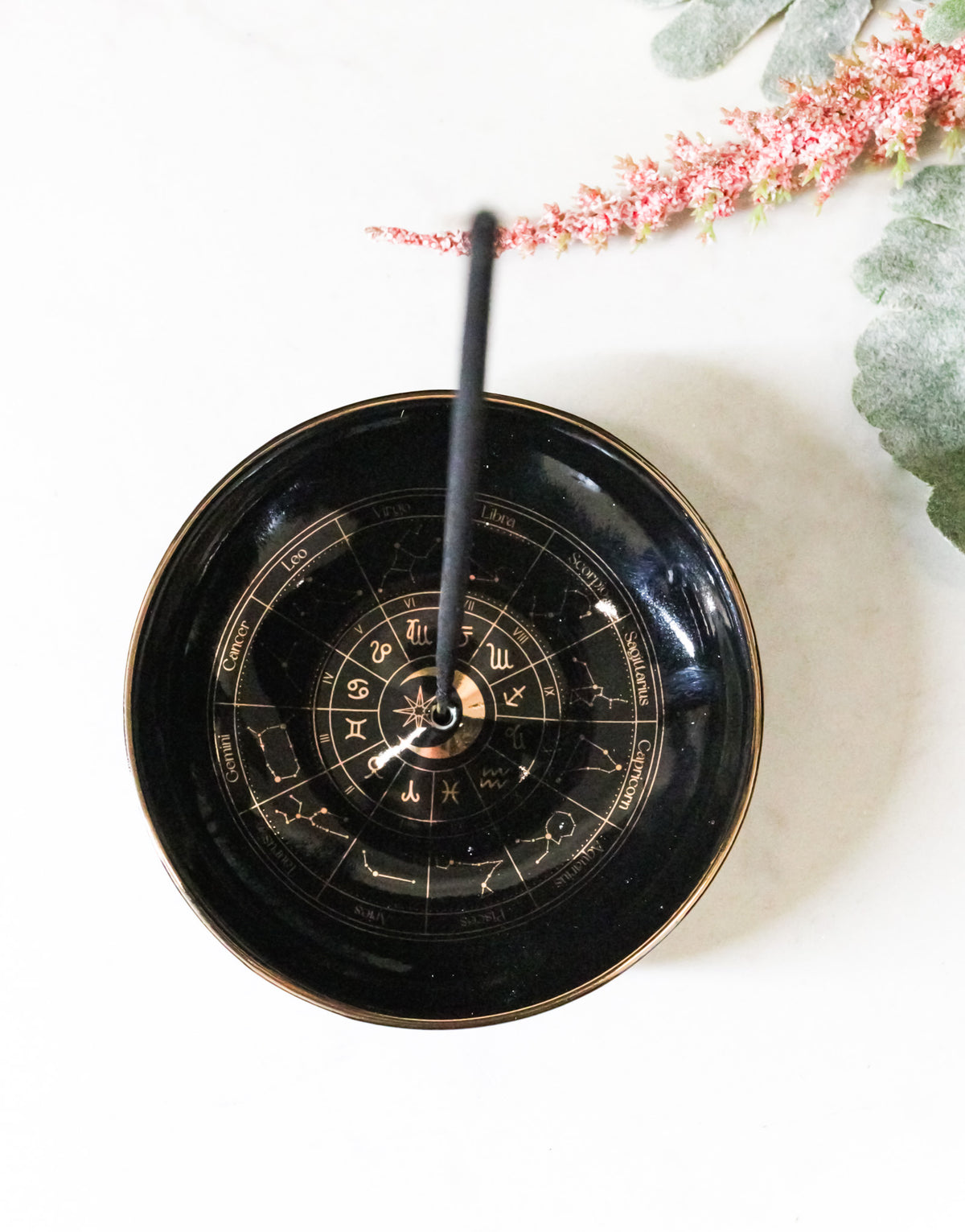 Wicca Black Astrology Wheel Round Incense Stick Burner Or Trinket Ceramic Dish