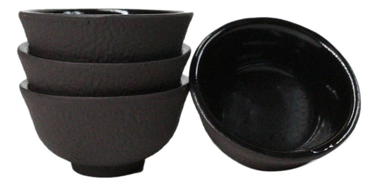 Brown Textured Surface Japanese Tetsubin Style Cast Iron Mini Tea Cups Set of 4