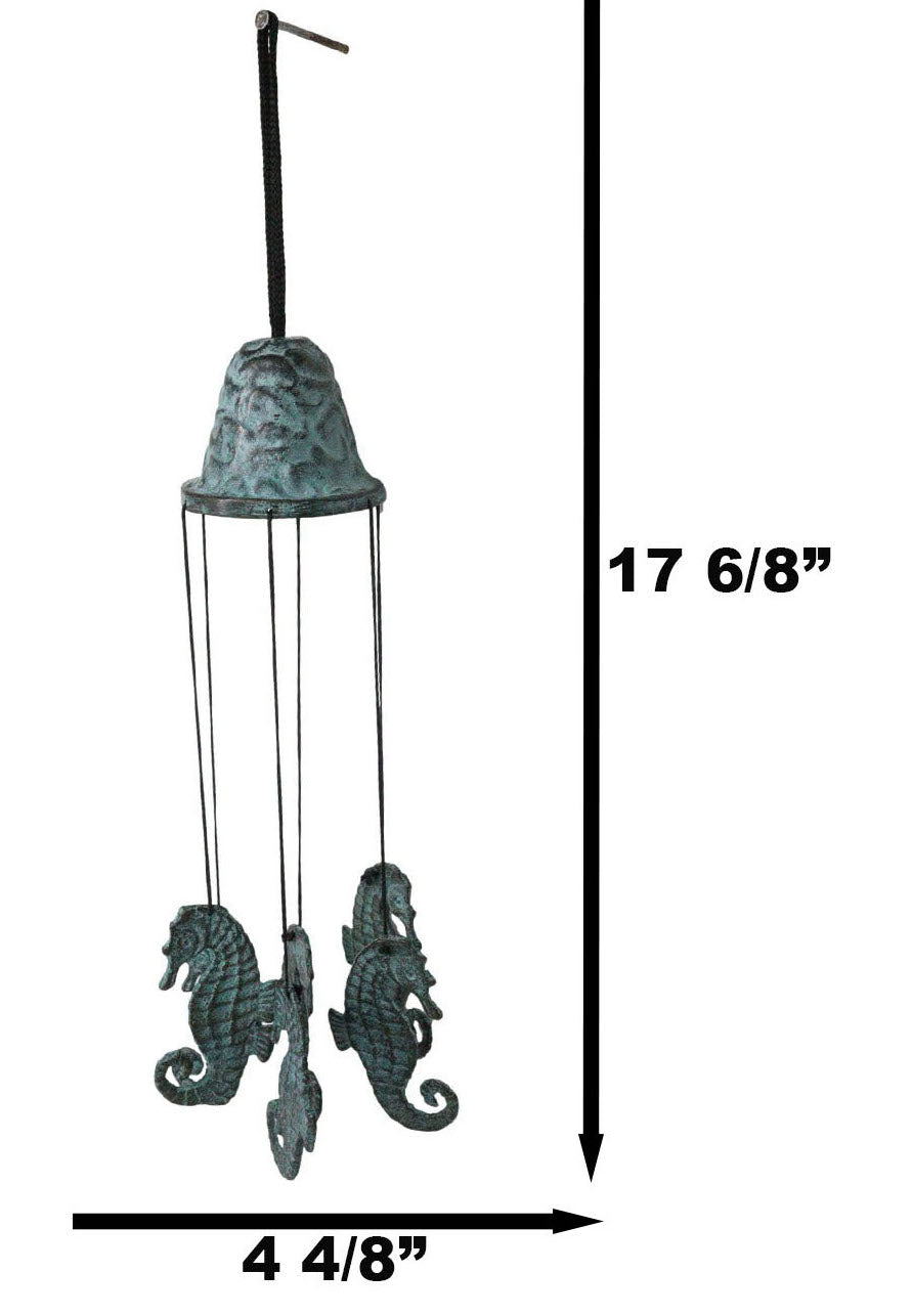 Verdigris Distressed Brass Metal Nautical Bell With Marine Seahorses Wind Chime