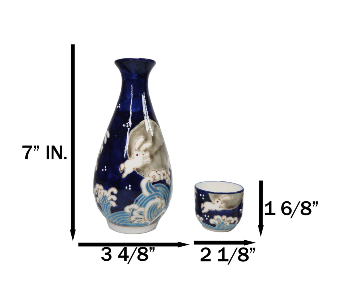 Blue Moon Rabbit With Waves Porcelain Sake Carafe Flask And 4 Ochoko Cups Set