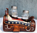 Country Western Cowboy Horse Saddle American Flag Salt Pepper Shakers Holder