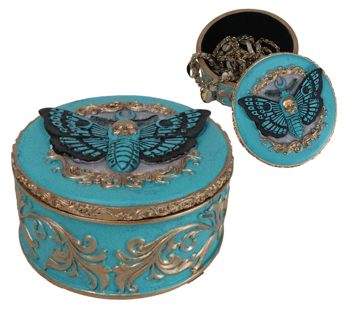 Turquoise And Gold Scrollwork Death Moth Skull Decorative Trinket Jewelry Box