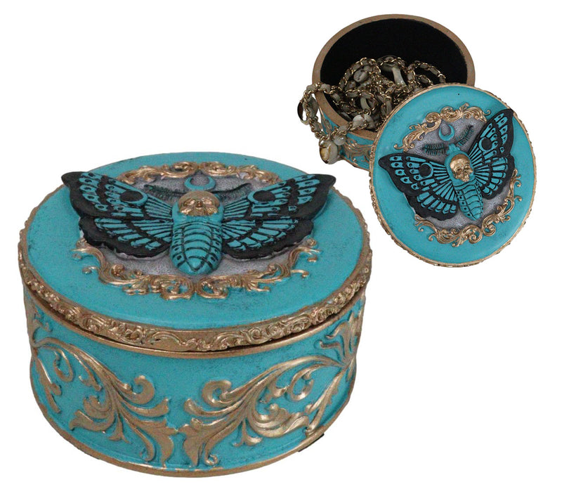 Turquoise And Gold Scrollwork Death Moth Skull Decorative Trinket Jewelry Box