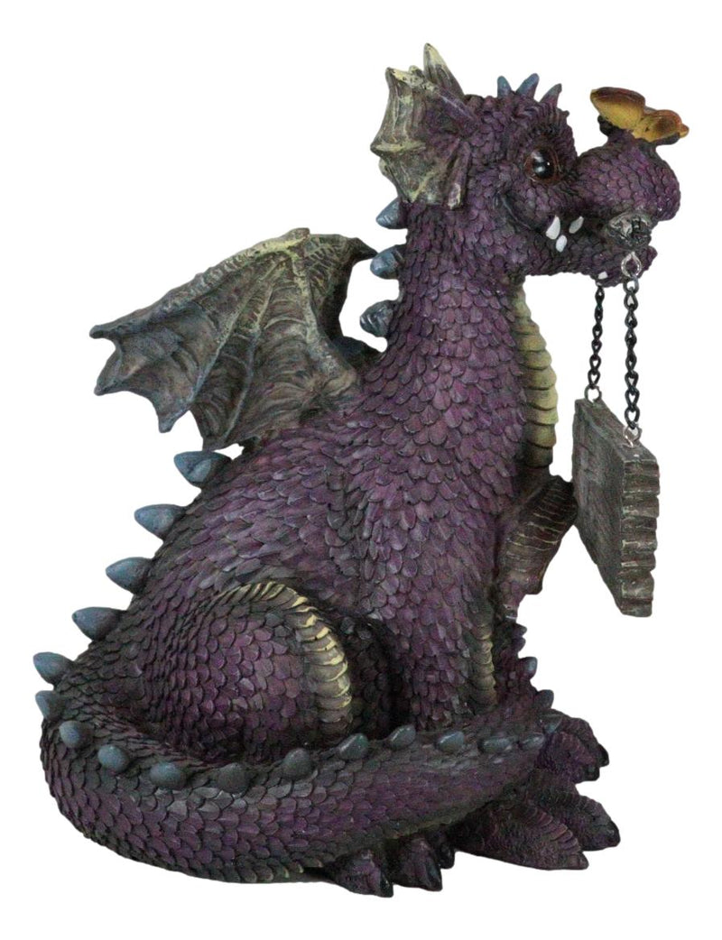 Whimsical Purple Garden Dragon With Butterfly Biting Welcome Plank Sign Figurine