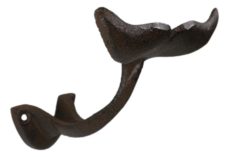 Set of 2 Cast Iron Nautical Baleen Blue Whale Tail Wall Coat Hooks Rust Bronze