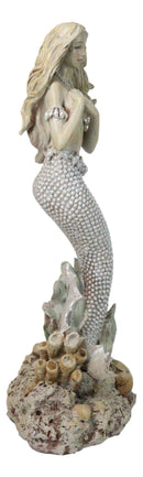 Marine Vintaged Pearly White Ariel Mermaid Sitting On Sea Rock Figurine 16" H