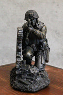 War Battlefield Kneeling Soldier Taking Cover With Rifle Gun And Gears Statue