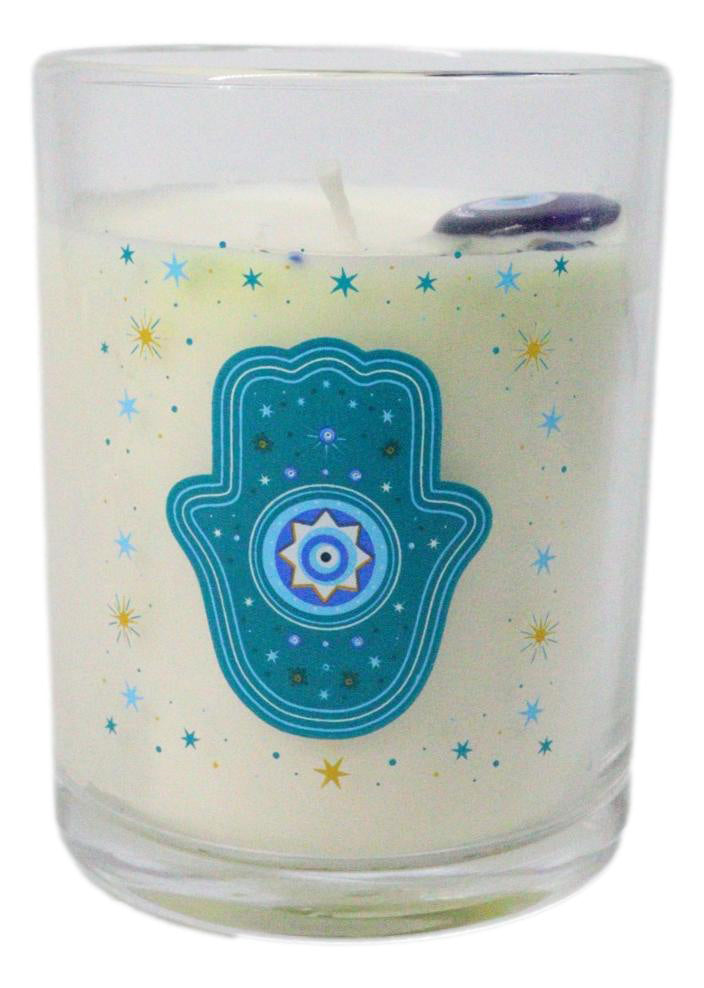 Ebros Wicca Hand of Hamsa Watchful Eye White Rose Scented Crystals Jar Candle