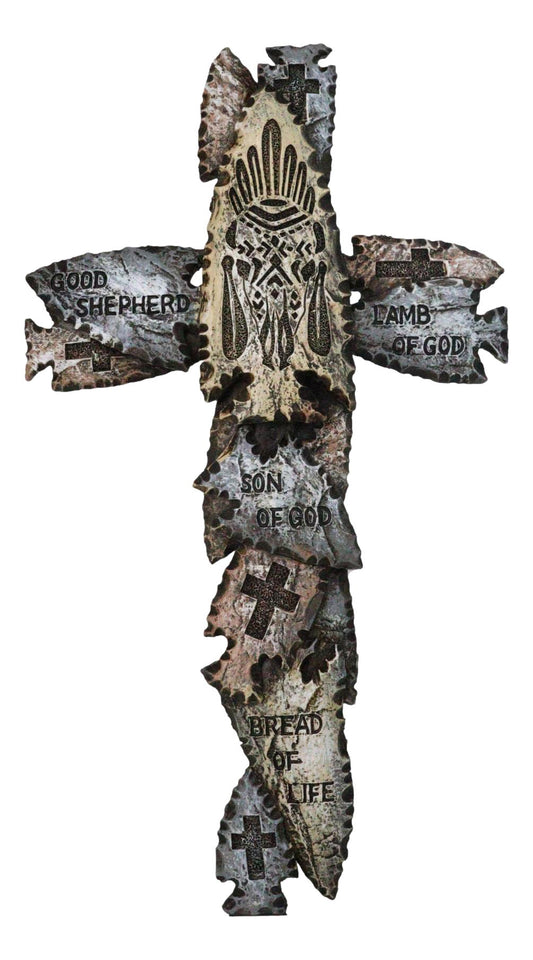 Tribal Indian Faux Arrowhead Stones Lamb of God Good Shepherd Wall Cross Plaque
