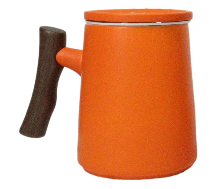 Orange 15 Oz Chic Porcelain Tea Mug with Wooden Handle, Lid and Infuser