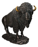 Large North American Open Grassland Plains Bison Buffalo On Rock Base Statue