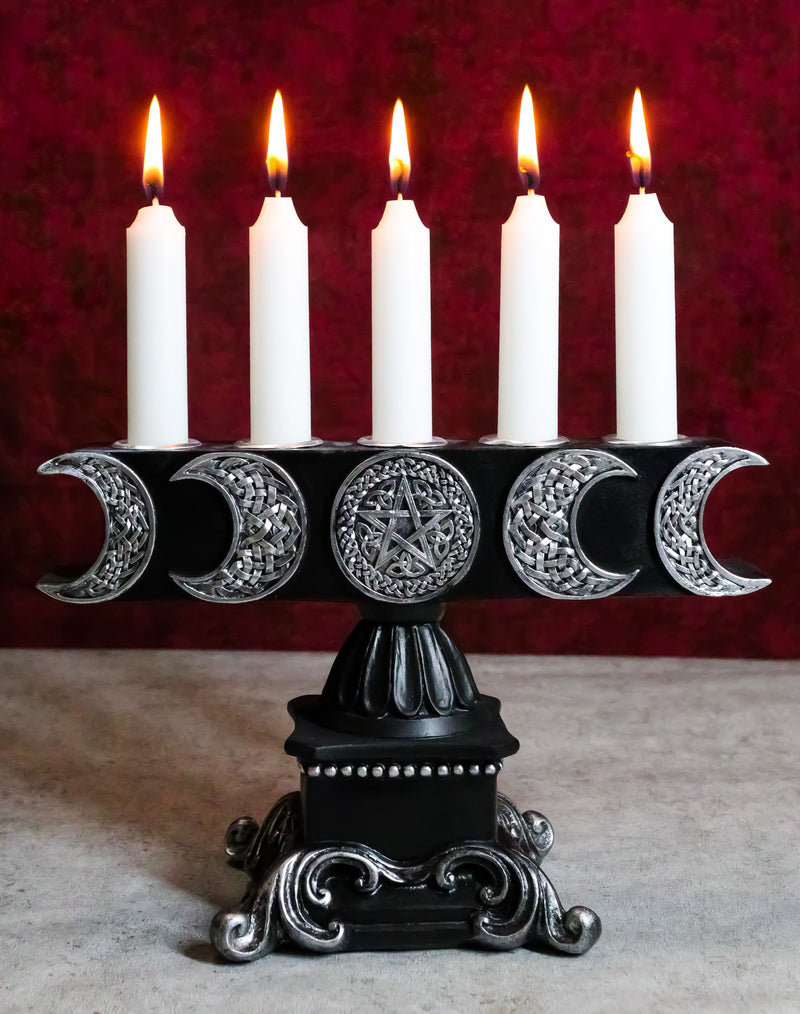Wicca Triple Moon Pentagram On Scroll Pedestal Base Penta Taper Candles Holder