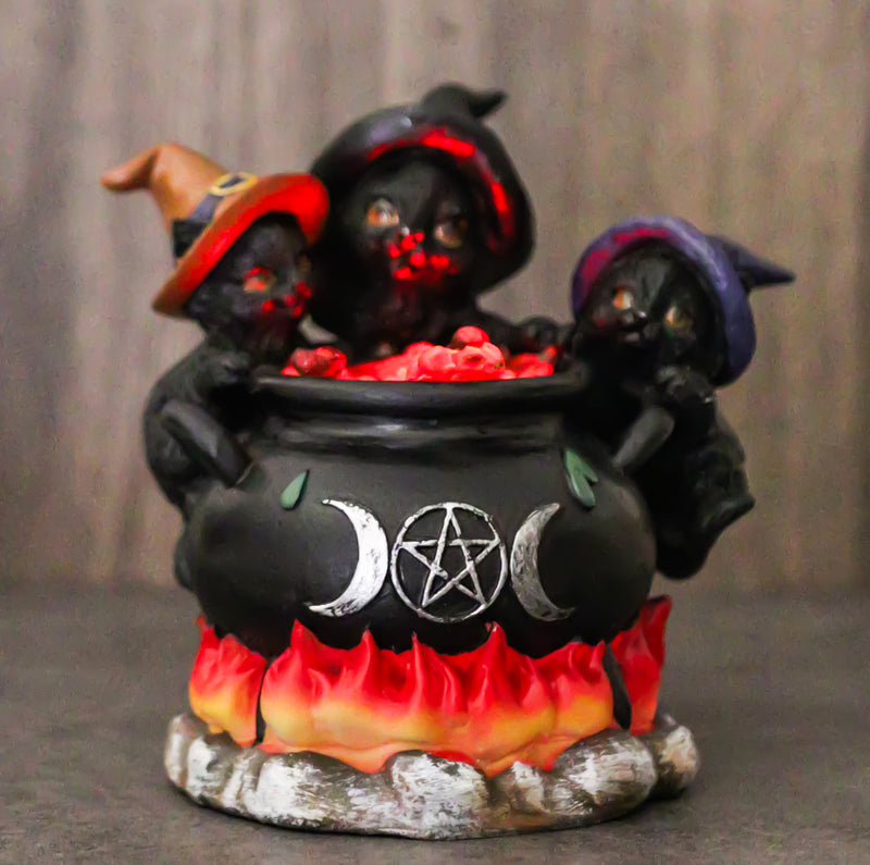 Wiccan Witch Hats Trio Kitten Cats Sitting In Triple Moon Fire Cauldron Figurine