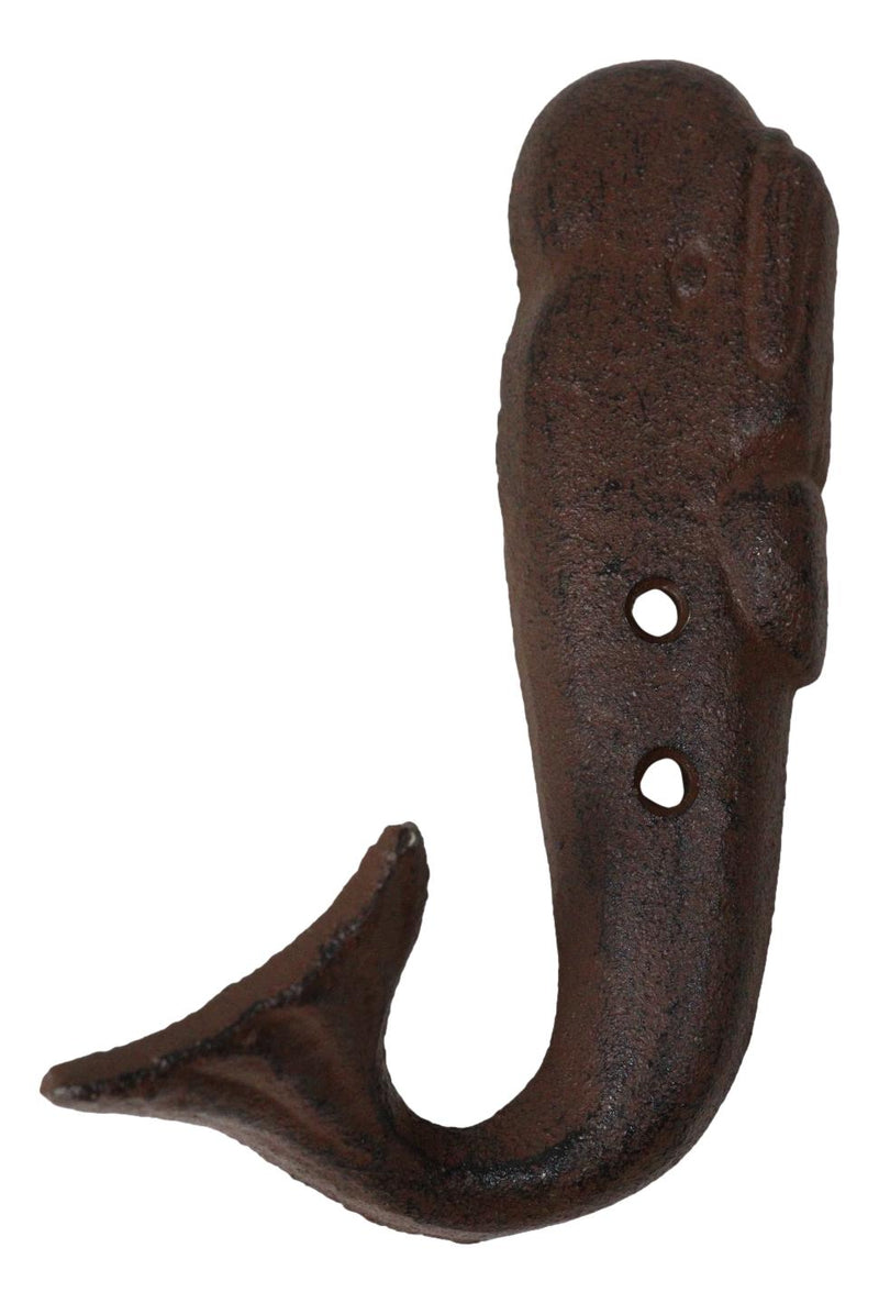 Set of 2 Cast Iron Nautical Sperm Whale Tail Wall Hooks In Rust Bronze Finish