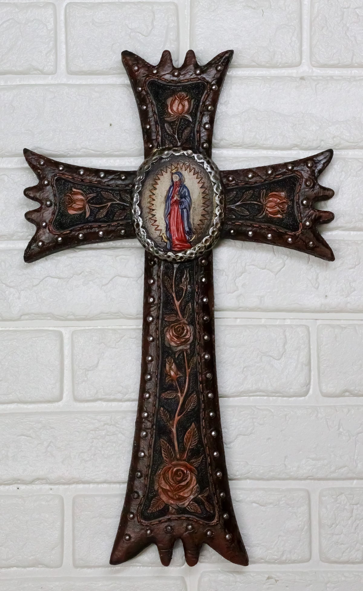 Religious Catholic Lady of Guadalupe Mary With Red Roses Wall Cross Plaque 12"H