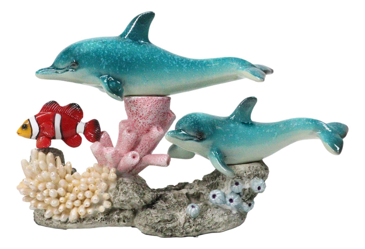 Ocean Blue Dolphins Clownfish Swimming By Coral Reef and Sea Anemone Figurine