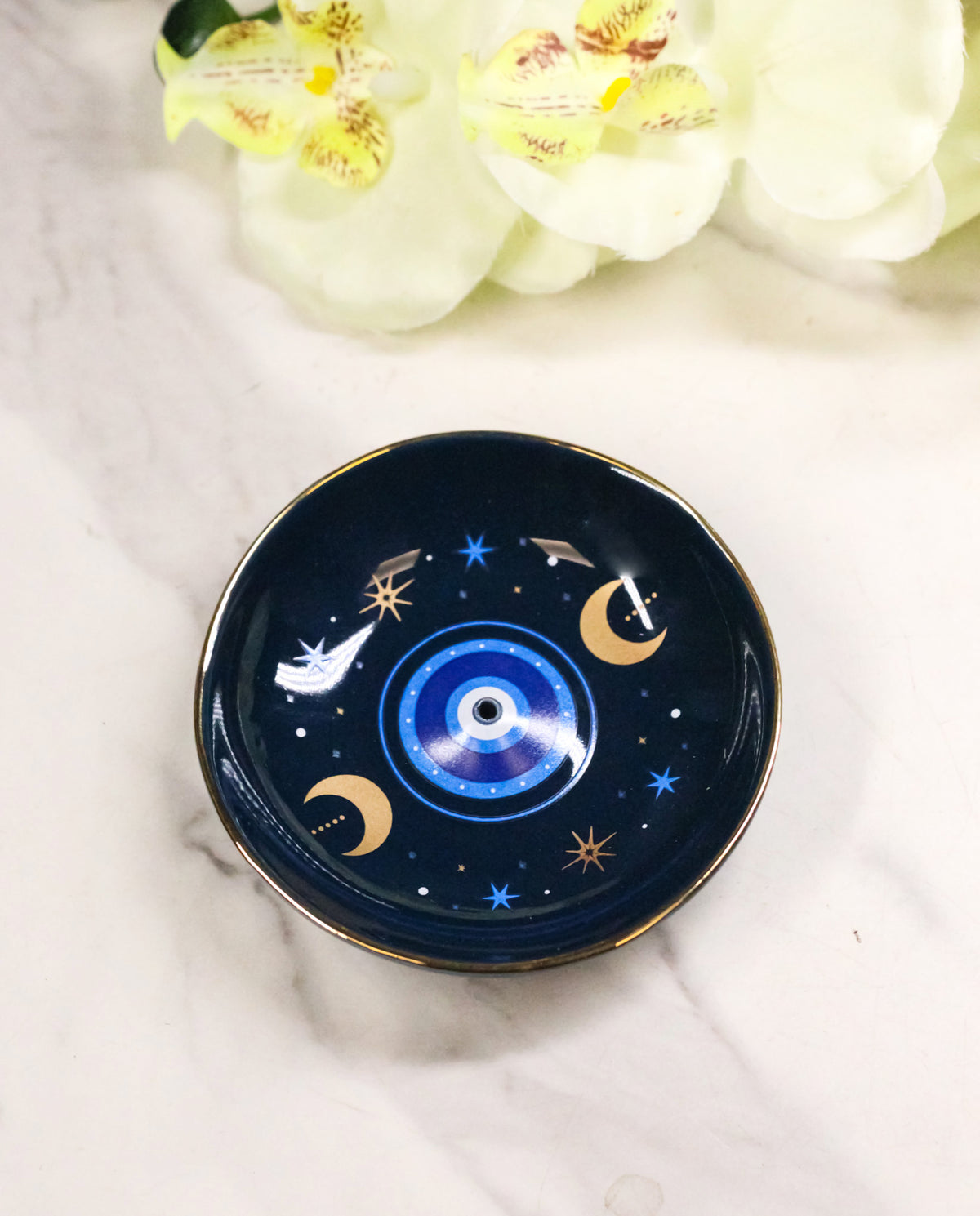 Ebros Gift All Seeing Eye Triple Moon Incense Stick Holder Dish Catcher