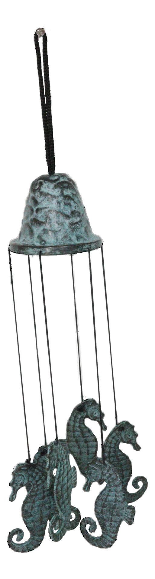 Verdigris Distressed Brass Metal Nautical Bell With Marine Seahorses Wind Chime