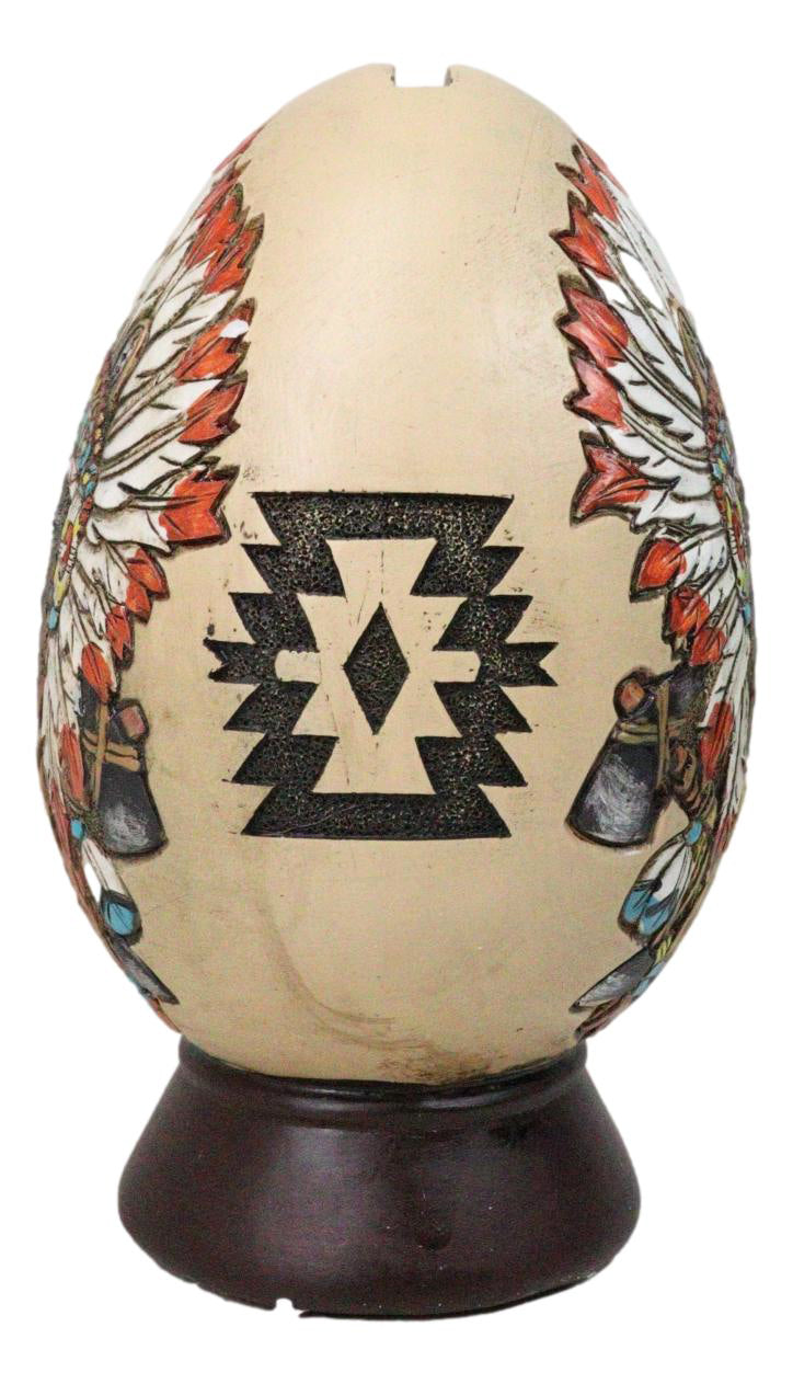 Tribal Indian Chief Wolf With Headdress Roach Egg Shaped Money Bank Figurine