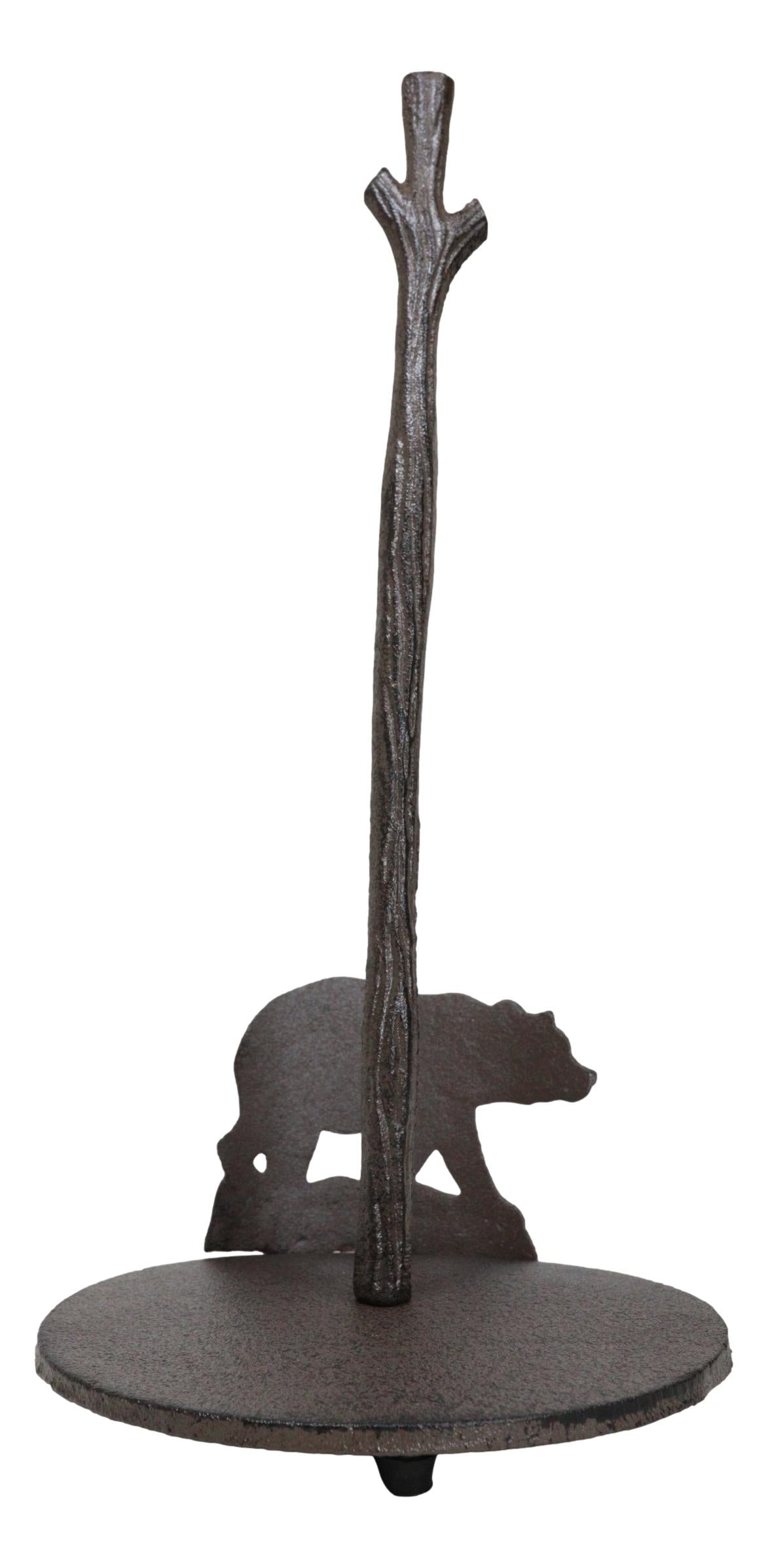 Rustic Cast Iron Western Forest Black Bear Strolling Paper Towel Holder Stand - Ebros Gift